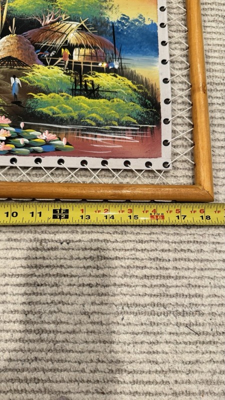 Framed Textile Wall Hanging Landscape Houses Lake Trees Flowers Wood 14x18" gallery