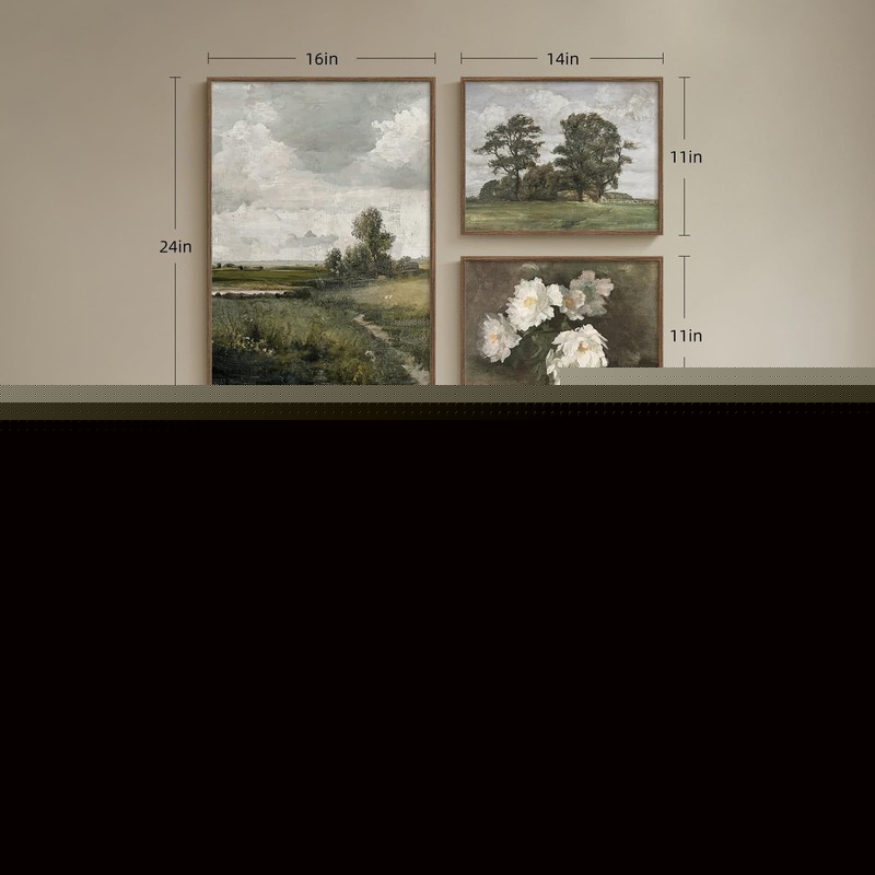 3 Piece Framed Vintage Canvas Wall Art Set, Large Green Floral and Tree Lands... gallery