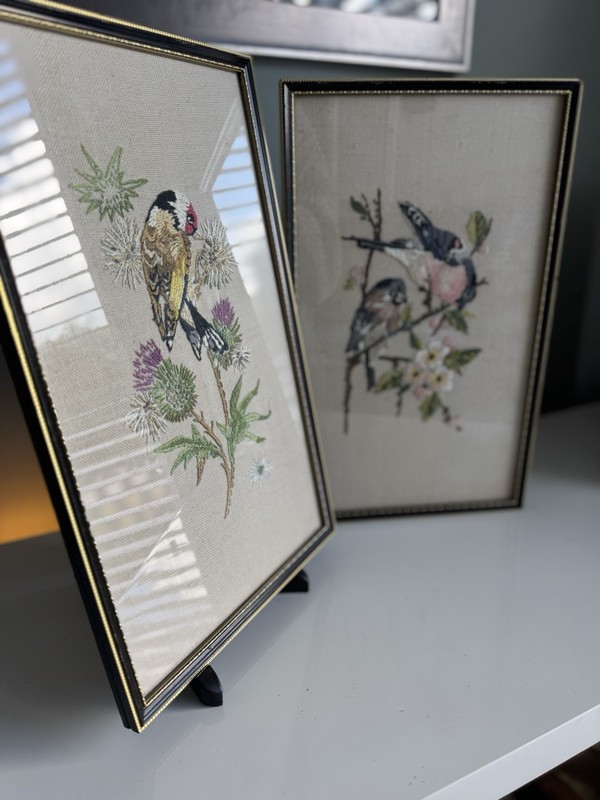A Pair Of Vintage Bird Embroidery Panels In Lovely Black And Gold Frames