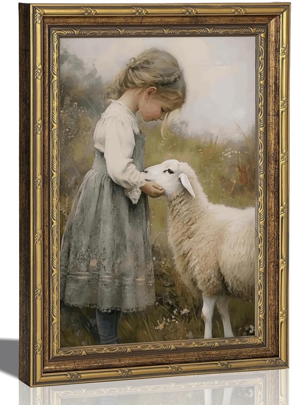Gold Framed Vintage Aesthetic Girl With Sheep Wall Art Rustic Farmhouse Print…