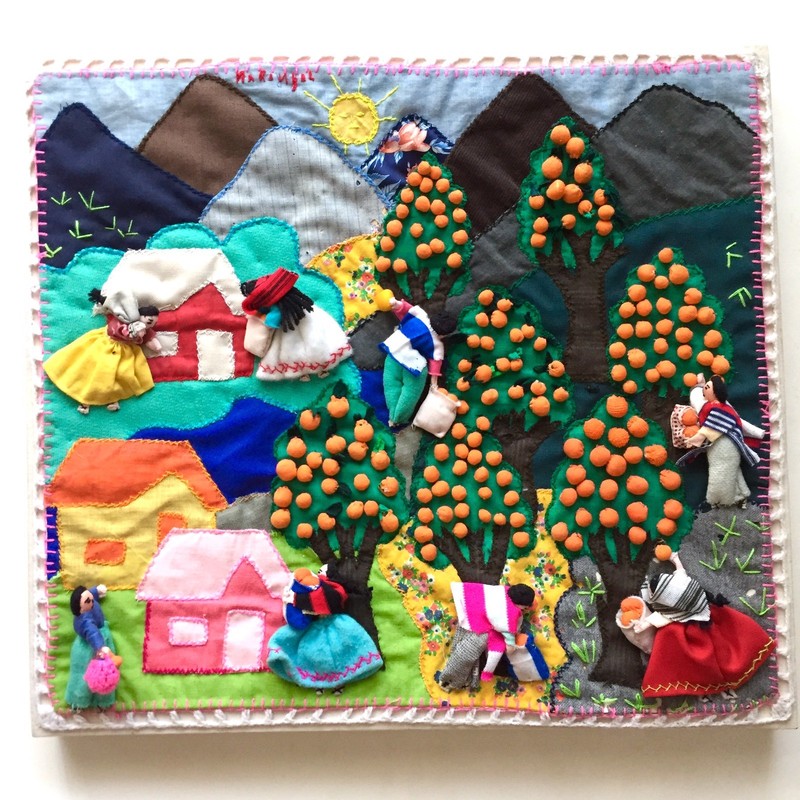 Naranjal Mexico Orange Fruit Orchard Handmade Embroidery Fabric Textile Folk Art