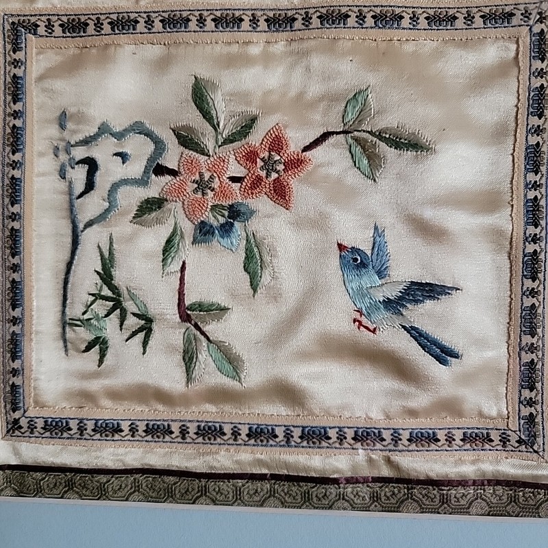 Asian Chinese silk Wall hanging needle point embroidery bird flower framed Vinta gallery