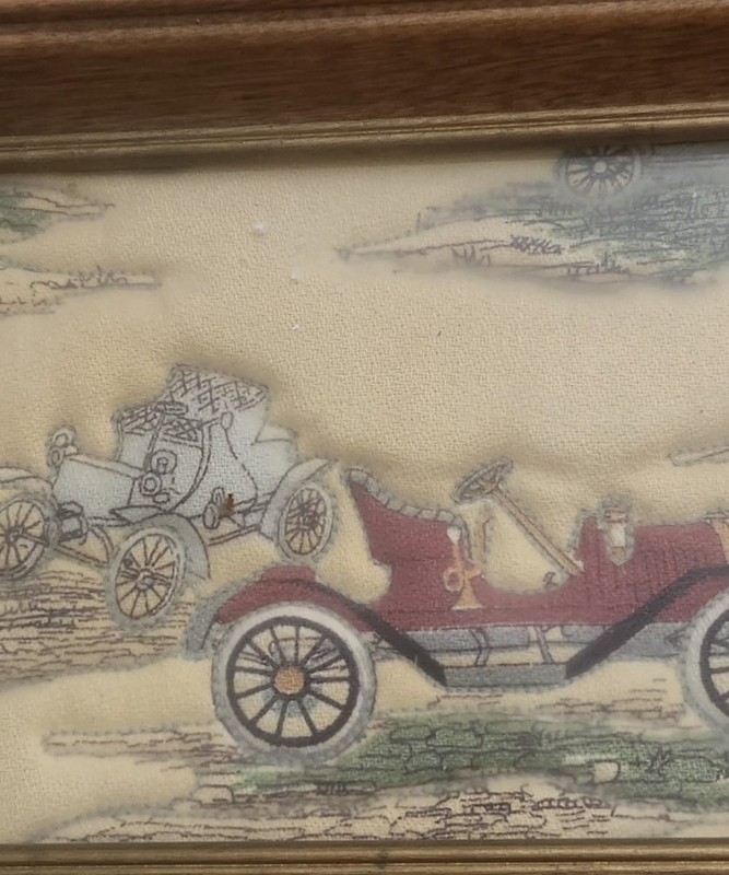 2 Vtg Framed Roadsters Textile Art Crossstitch Embroidery MCM Signed Shoppe gallery