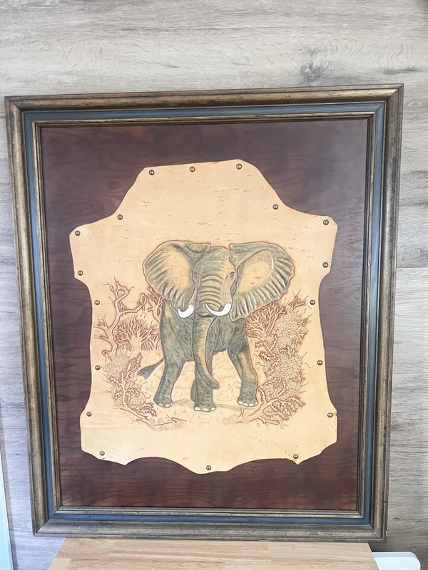 Vintage Framed Elephant Hand Tooled, Tinted on Leather gallery
