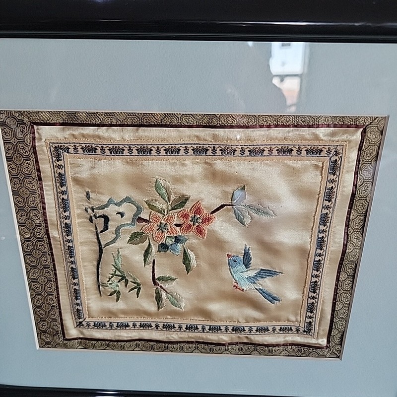 Asian Chinese silk Wall hanging needle point embroidery bird flower framed Vinta gallery