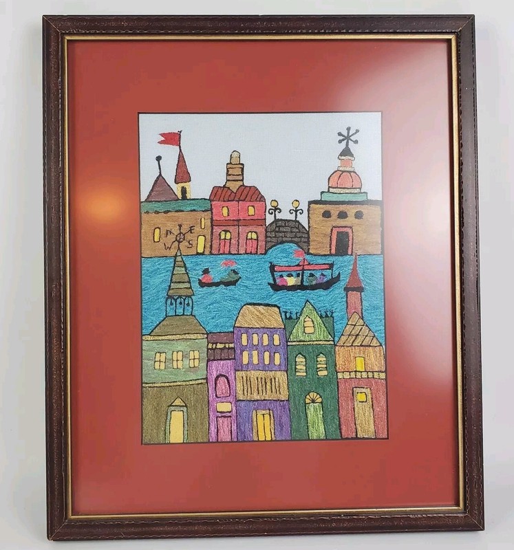 Japanese Bunka Crewel Embroidery Finished Art Wall Hanging Venice Colorful 17×14