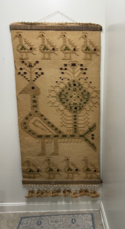 Antique Needle Work Art Woven Tapestry Birds Jute Beige Color 57×27 Inches
