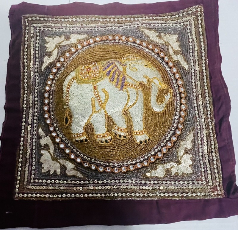 Vintage Beaded Sequined Elephant Tapestry, Approximately 12.5×12.5”