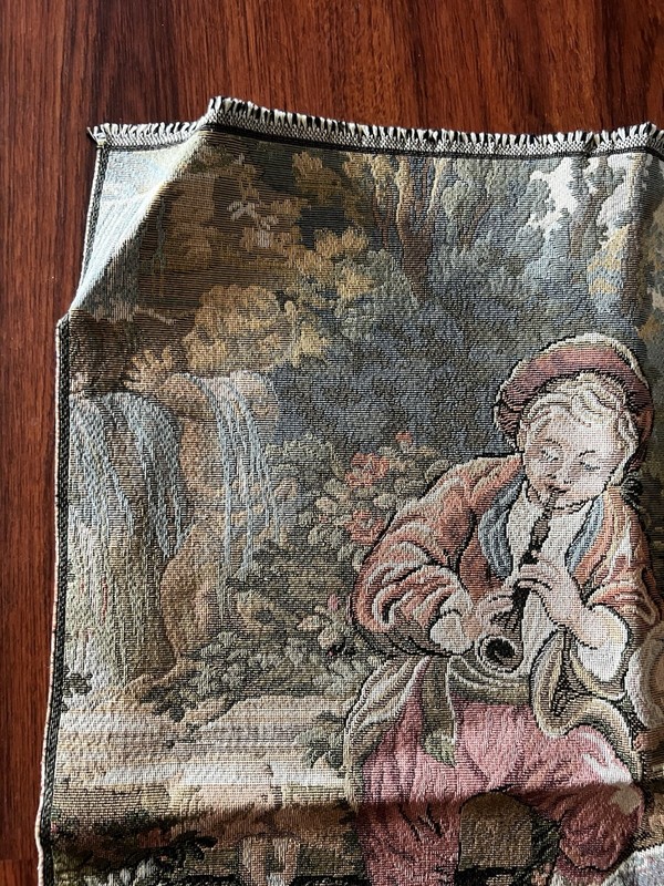 Vintage Italian Tapestry Square Man Playing Music For Seated Woman 19” gallery