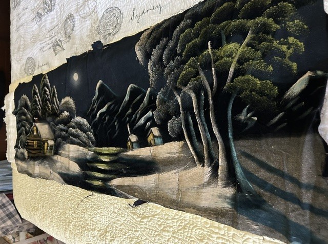 Vintage Winter scene painted on black velvet, 4′ X 16″, needs TLC,30-40’s