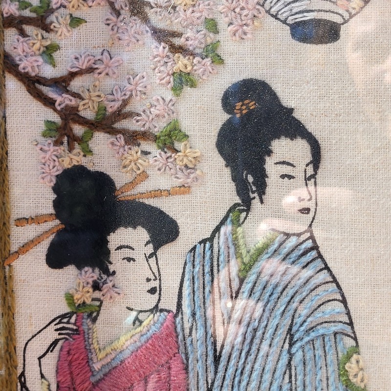 Vintage Japanese Geisha Embroidered Needlepoint Framed Asian Art Picture 25x20 gallery