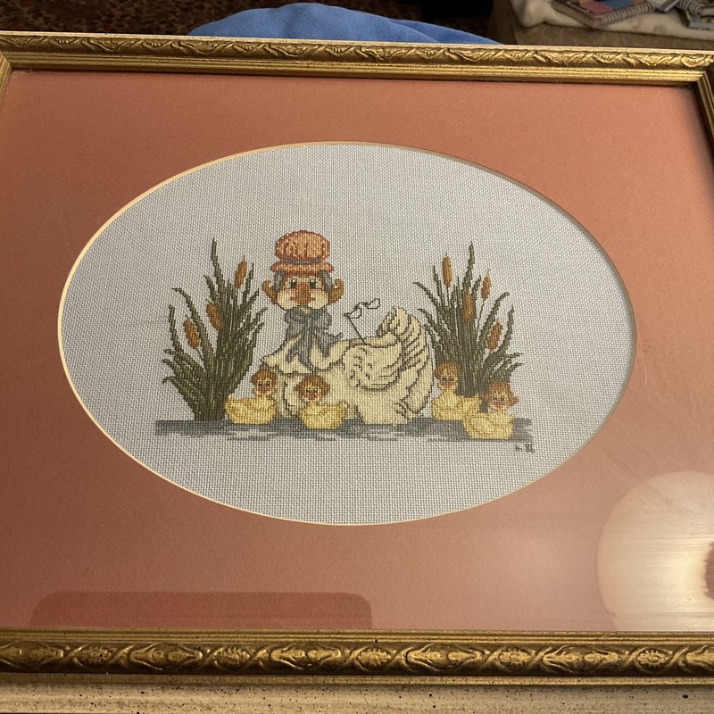 Vintage Funny Wigged Duck And Wigged Babies Petit Point Framed Needlepoint