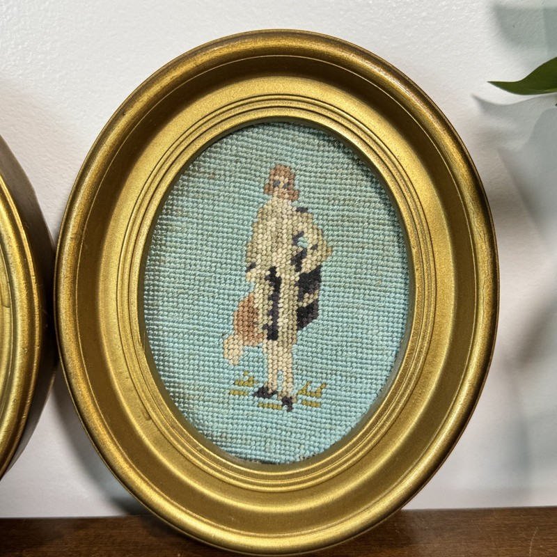 Vintage Needlepoint Petit Point Framed Art Pair Man Woman Gold Oval Frames gallery