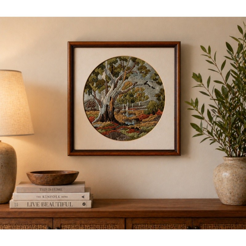 Vintage Framed Tapestry Embroidery Landscape Tree Scene Wall Decor gallery