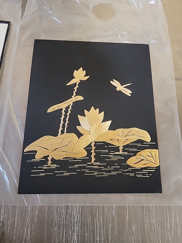 Vintage 1960's MCM Asian Pictures Bamboo Leaf and Rice Straw Set of 2 gallery