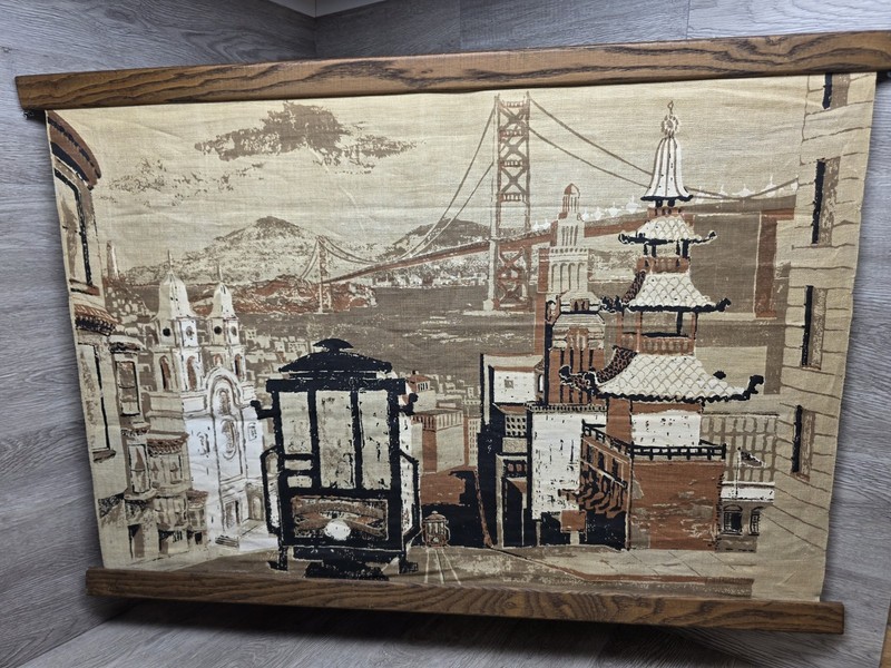 Vtg Mid Century Tom Tru Linen Wall Art By Robert Bushong San Francisco 38" X 26"