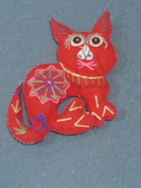 1 Vintage Colorful Fanciful Embroidered Cat Fabric Ornament? Reversible