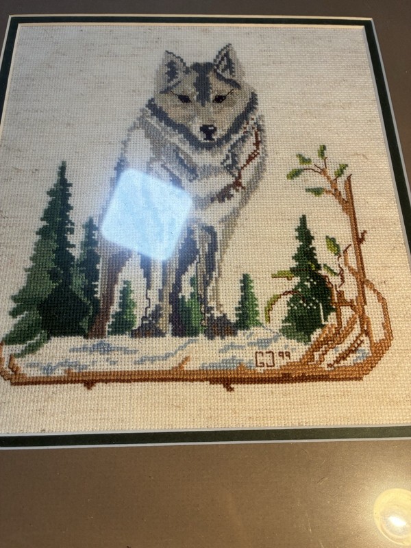 Vintage 1990s Framed Wolf Art Needle Point Cross Stitch