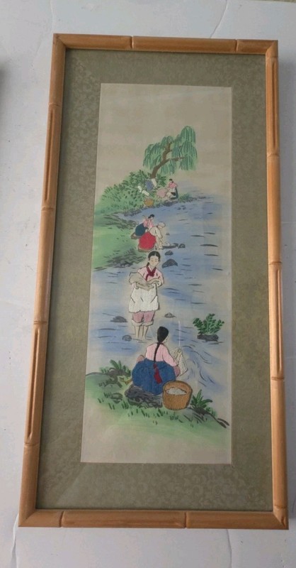Vtg Korean Traditional County Lifestyle Two Panels Painted, Embroidered Framed gallery