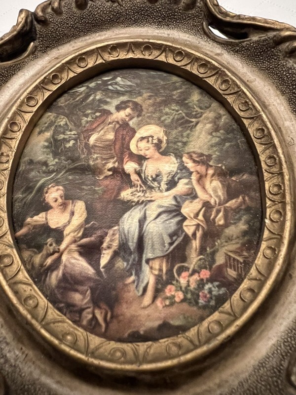 Vintage Mini Silk Portrait Three Women & Man Garden Scene Ornate Victorian Frame