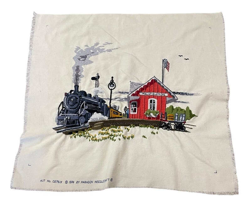 Vintage Crewel Art Embroidery Needlework Mt Mount Clemens MI Tapestry 1974 Train