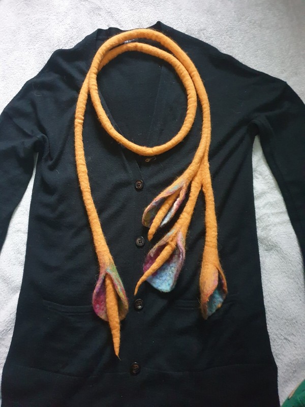HANDMADE FELTED WOOL NECKLACE SCARF FLOWERS HAND FELTED MERINO WOOL HONEY