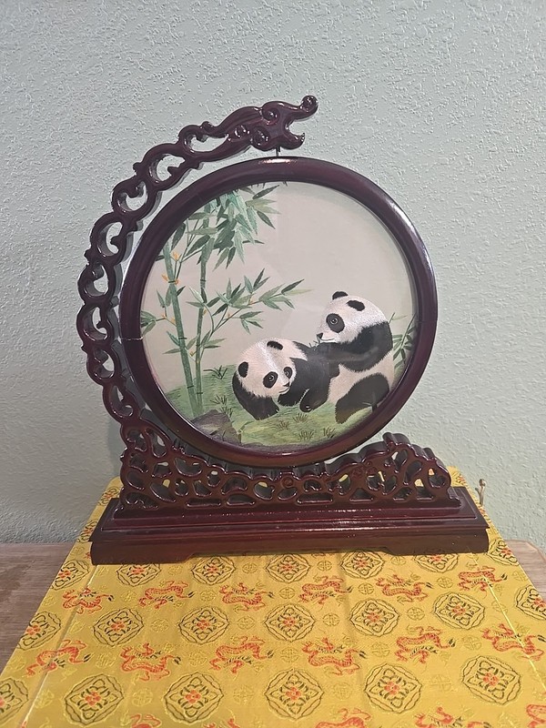 Vintage Chinese Panda, Suzhou Double Sided Silk Embroidery Screen, Wooden Base