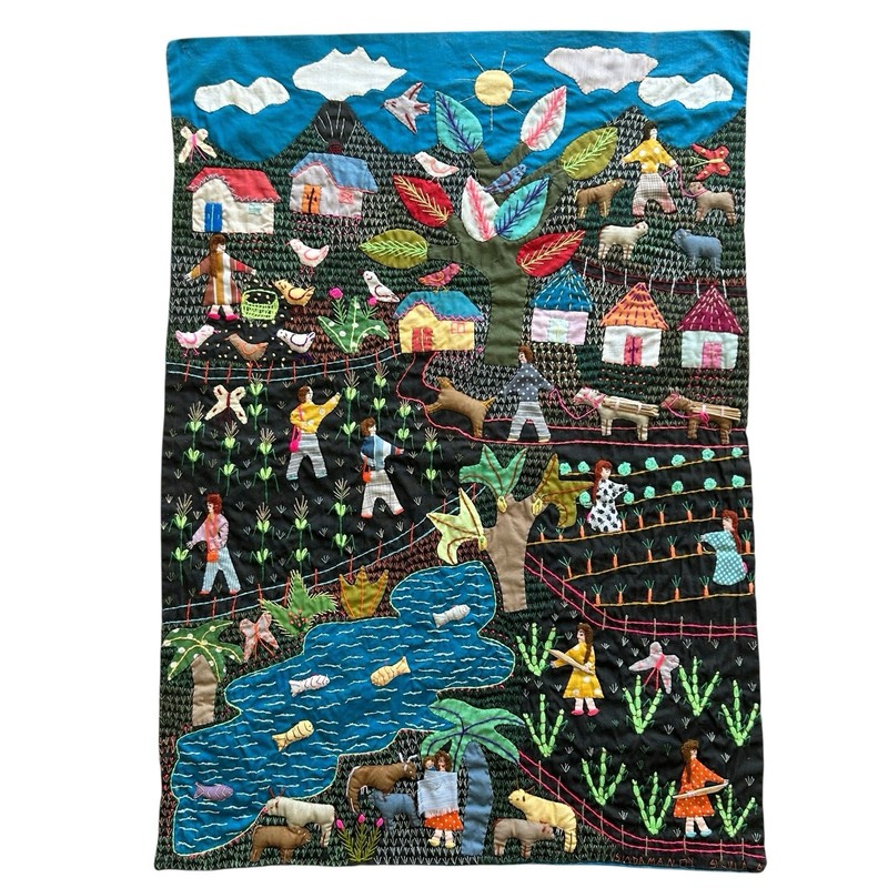 South America Folk Art Handmade 3D Sewn Textile Tapestry Farm Cows Chickens