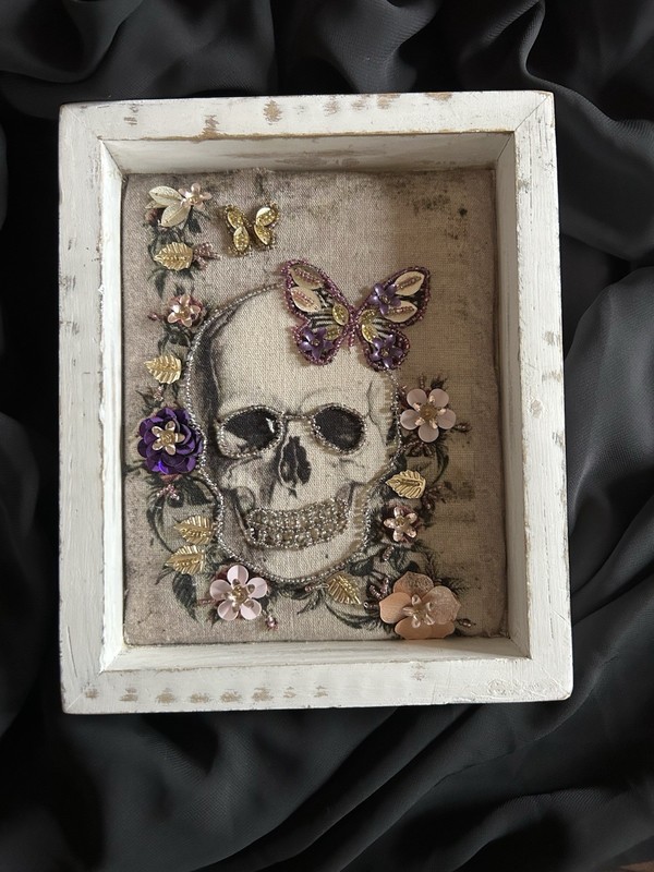 Framed Skull Artwork Intricate Beadwork Floral & Butterfly Embellishments 7 x 9”