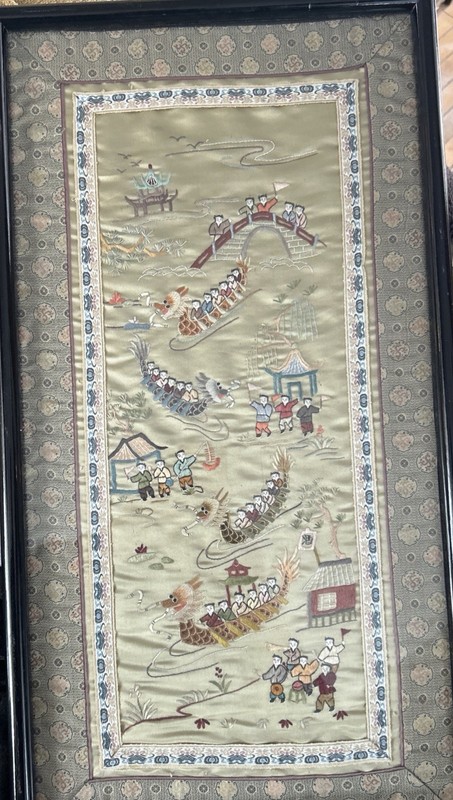 Vintage Chinese Silk Embroidery Panel Framed 100 Children Dragon Boat Race 25”