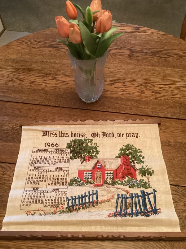 1966 Linen Tea Towel Calendar Wall Hanging Vintage Bless This House This We Pray