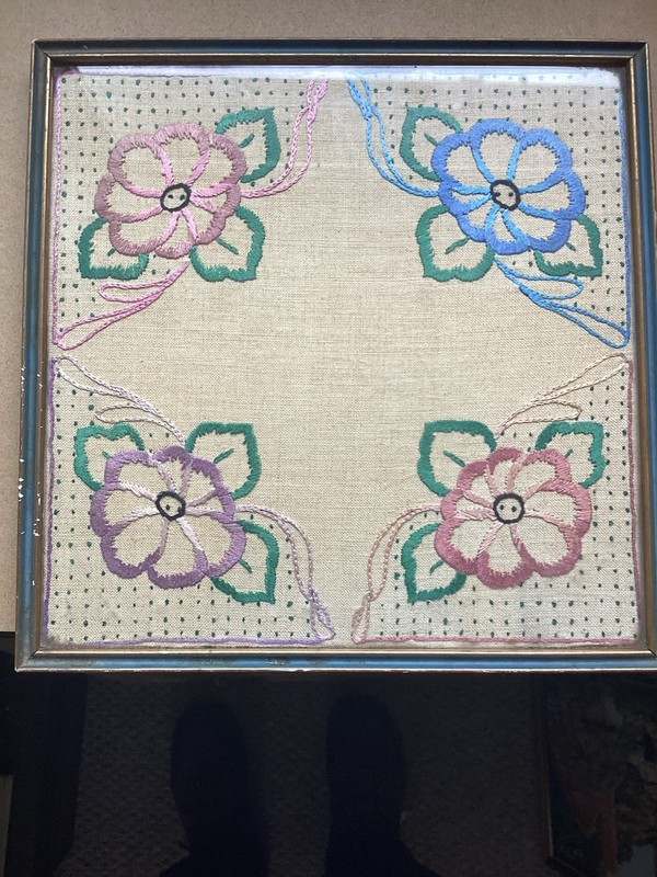 Lovely and Vintage Tapestry Picture Of Flowers In Wooden Frame. 10 x 10 inches
