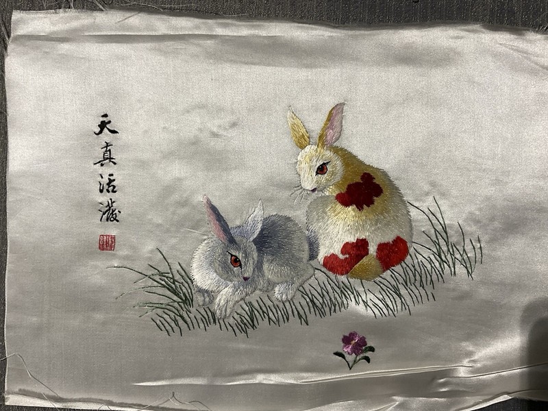 Satin Floss on silk rabbits hand embroidered Asian Finished piece