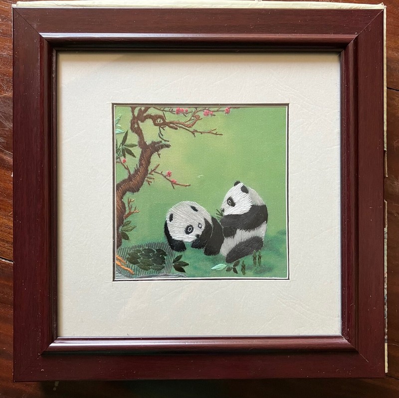 Framed Chinese Embroidered Silk Panda Bears with Cheery Tree