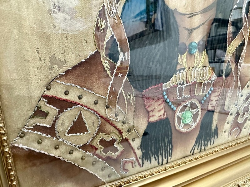 Unique Vintage Original Handmade Art: "Indian Chief" Framed Tapestry circa 1900 gallery