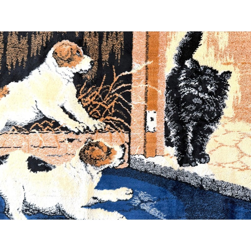 Vintage Tapestry 37 x 20 Cat Jack Russell Dog Puppies Plush Wall Hanging Rug