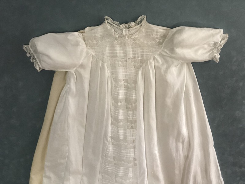 Antique Christening Dress 3 pieces handmade orig gold plated closure 100 yrs gallery