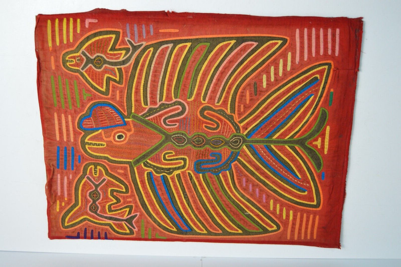 Vintage Mola Folk Art on Board Fish Rainbow Abstract Collectible Textile Decor