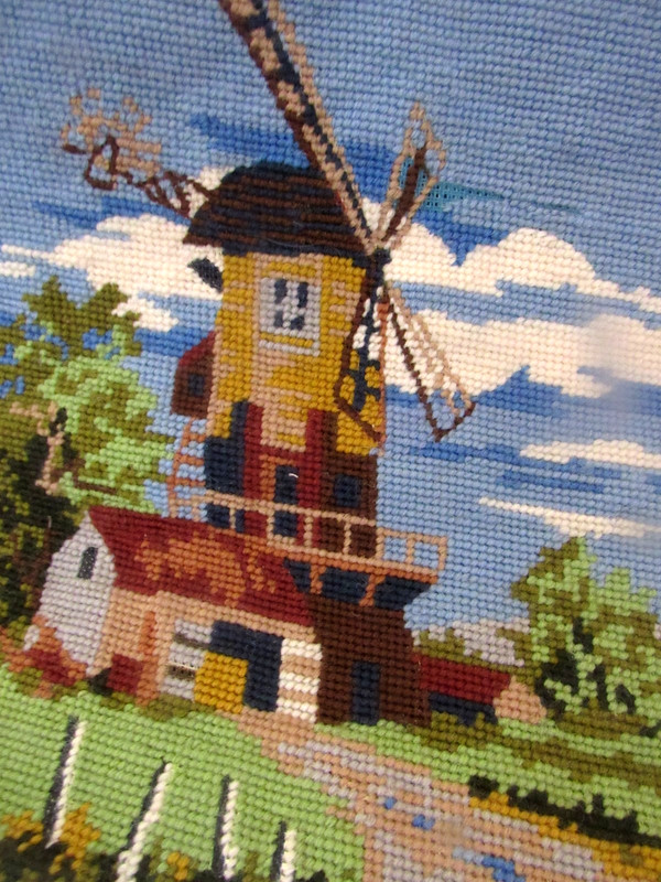 Vintage LARGE Cultural 12″ x 9 1/2″ HAND DONE NEEDLEPOINT ‘Scenic Windmill’