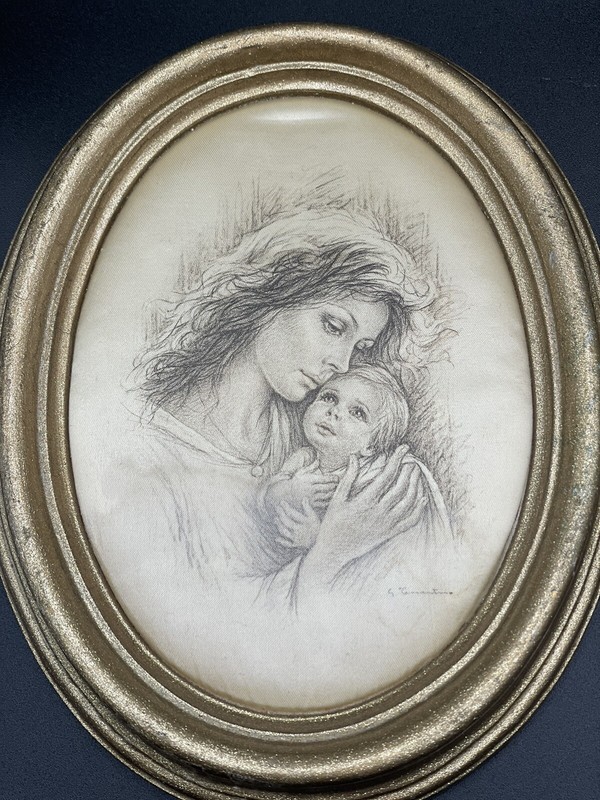 Vintage Giuseppe Tarantino 2 Silk Paintings Mother Child Nursery Decor Italy gallery