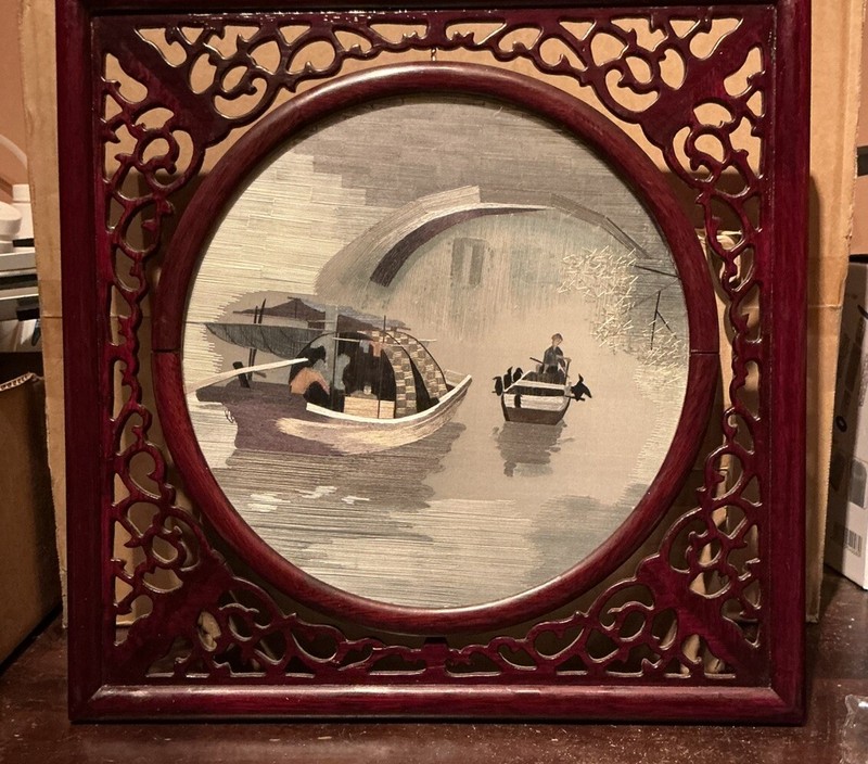 Asian Themed Embroidered Double Sided Boat/Water Scene