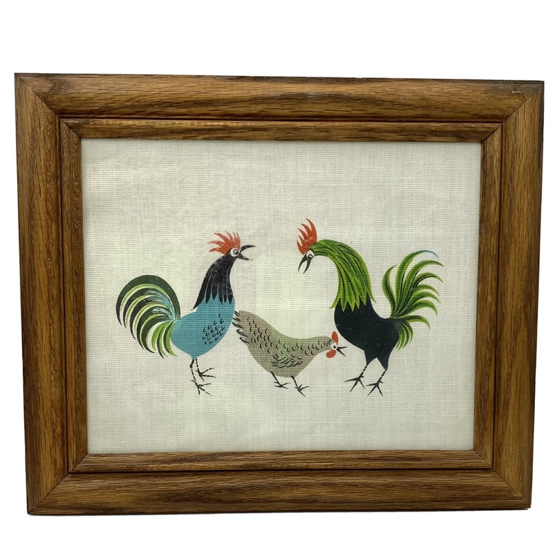 Vintage Woven Fabric MCM ROOSTER CHICKEN Art with Oak Frame Farmhouse Decor