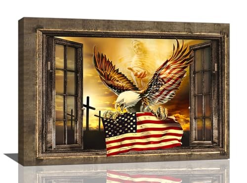 American Flag with Bald Eagle Wall Art Retro View of 16L" x 24W" window eagle gallery