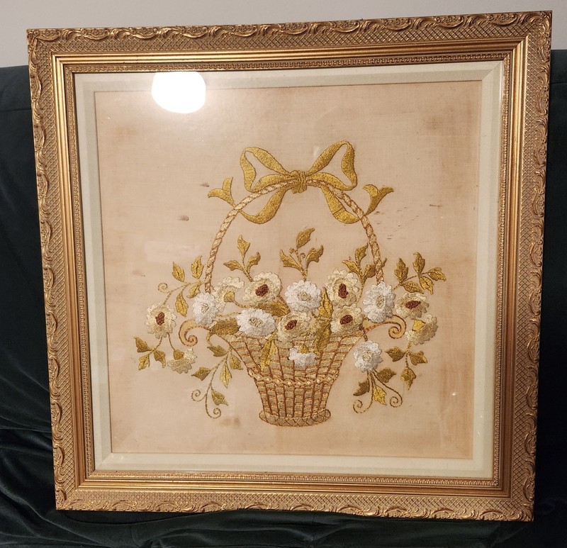 Antique French Silk Embroidery Flower Basket Victorian Sampler Crewel Gold Frame