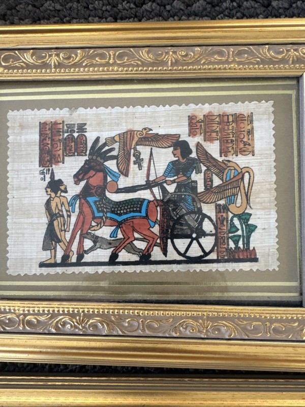 Set Of 2 Egyptian Art Hand Painted Papyrus Paper Golden Chariot FRAMED 9”x7” gallery