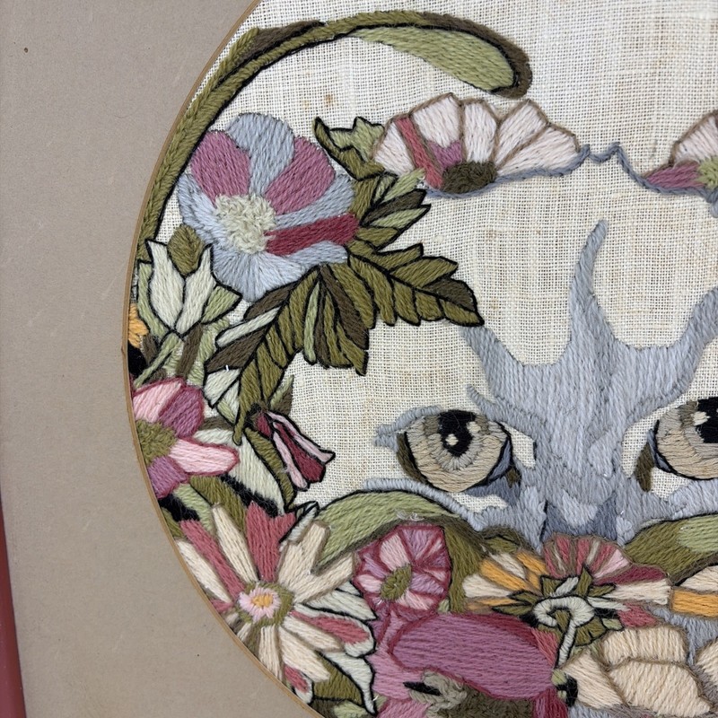 1980s Framed Embroidery Art Cat Flowers Mauve Framed Cottage granny core gallery