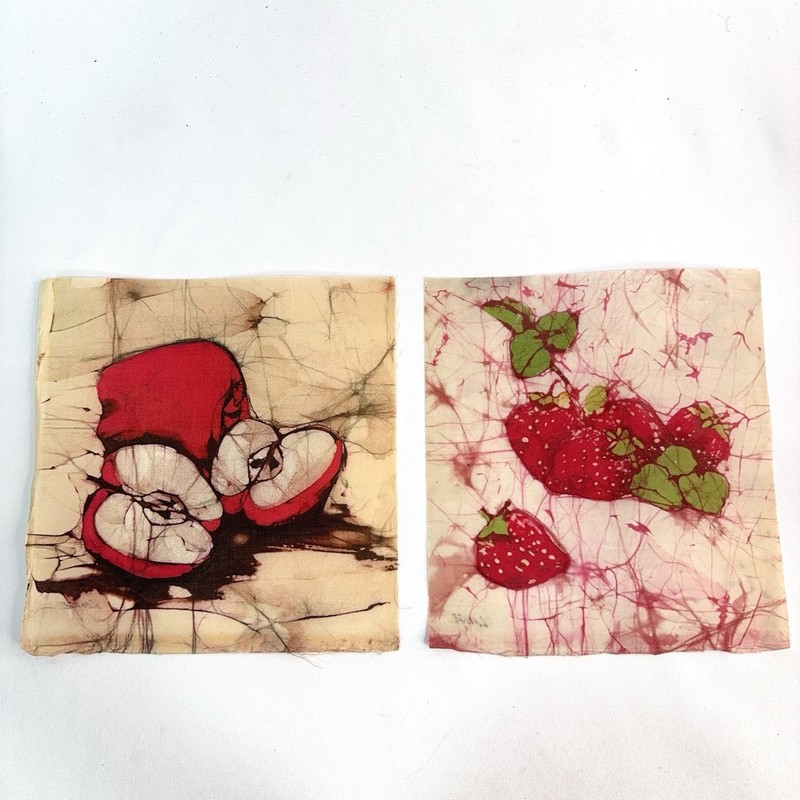 Handmade Batik Fabric Fruit Apple Strawberry Artist Signed Lange Square 7”x7.5” gallery