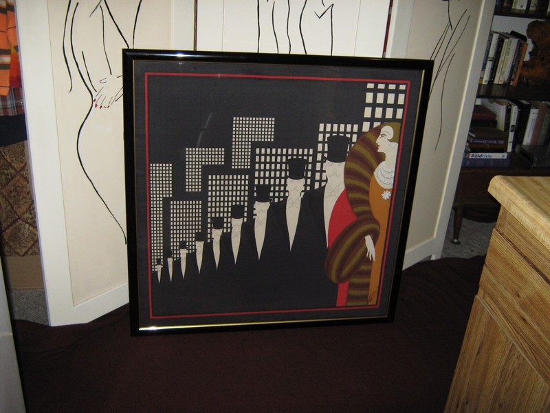 VINTAGE ERTE ART DECO TOP HATS SILK SCARF WALL HANGING SIGNED FRAMED 38" X 38" gallery