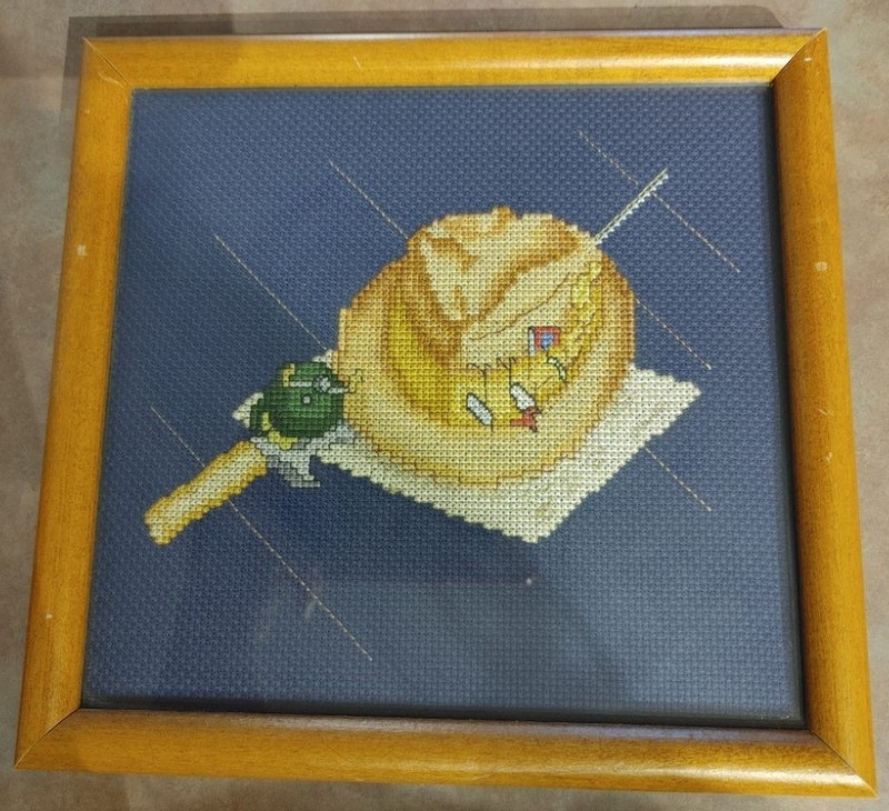 Vintage Framed Needlepoint Cross Stitch Fishing Hat & Rod Art Home Decor Cabin