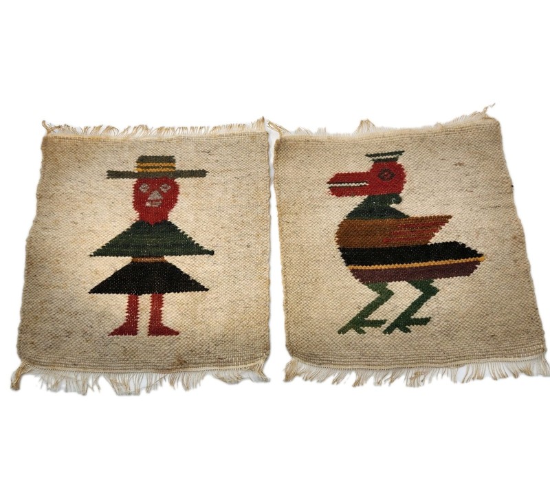 Ecuador Tapestries Roadrunner Bird Man Hand Woven Wool Wall Art 9″x9″ Set 2